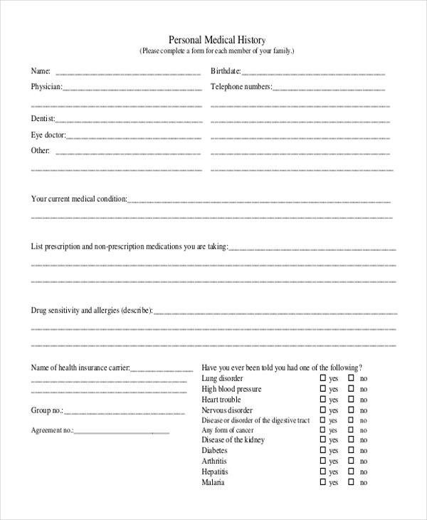 personal medical history form