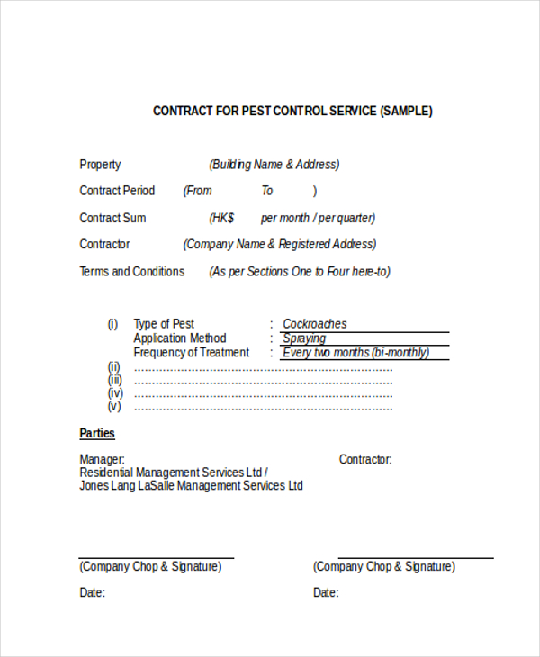 Printable Pest Control Contract Template Printable Templates