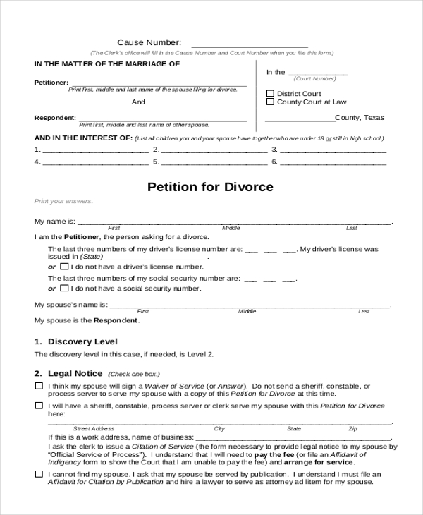 petition for divorce form