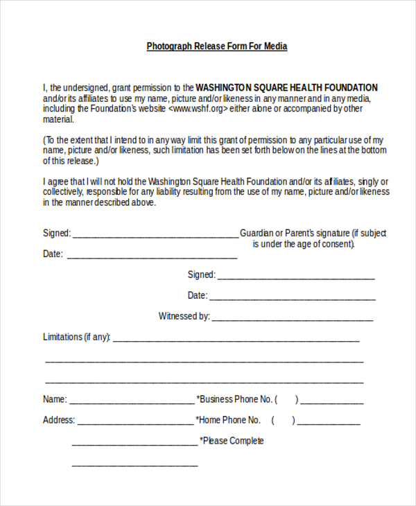 photograph release form for media