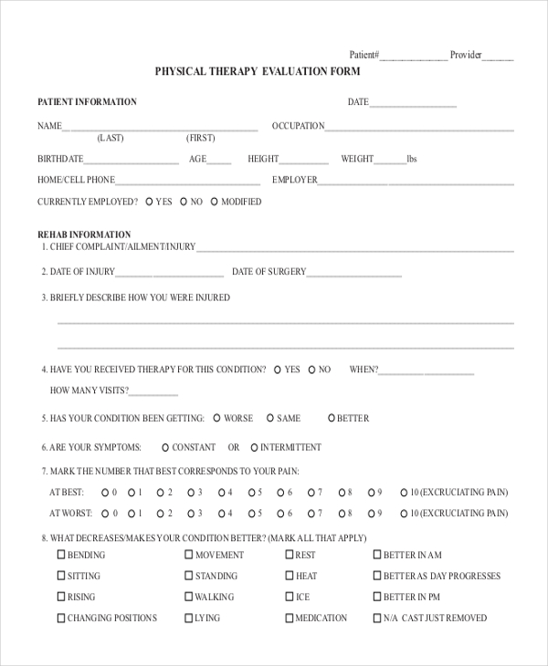 physical therapy evaluation form