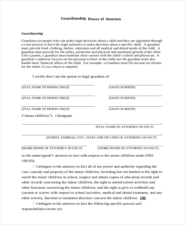 power of attorney guardianship form
