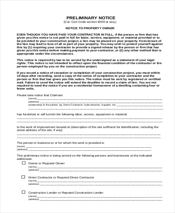 preliminary notice form