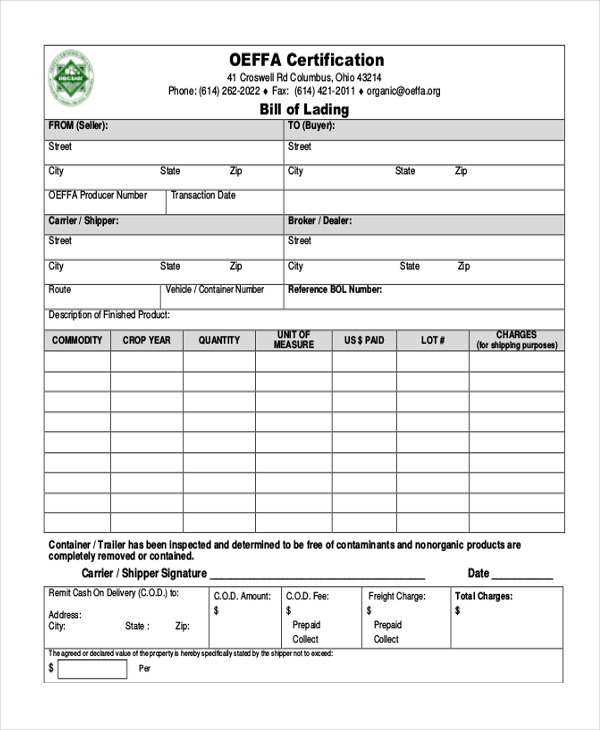 printable bill of lading form