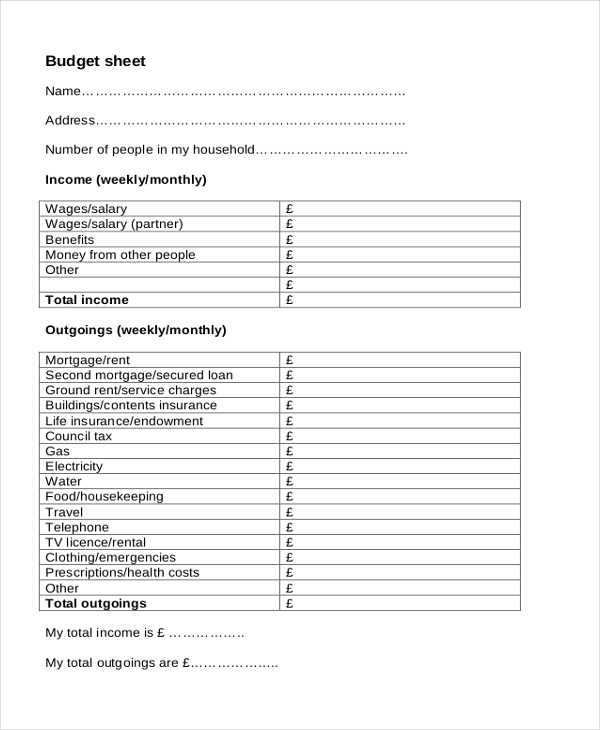 printable budget form