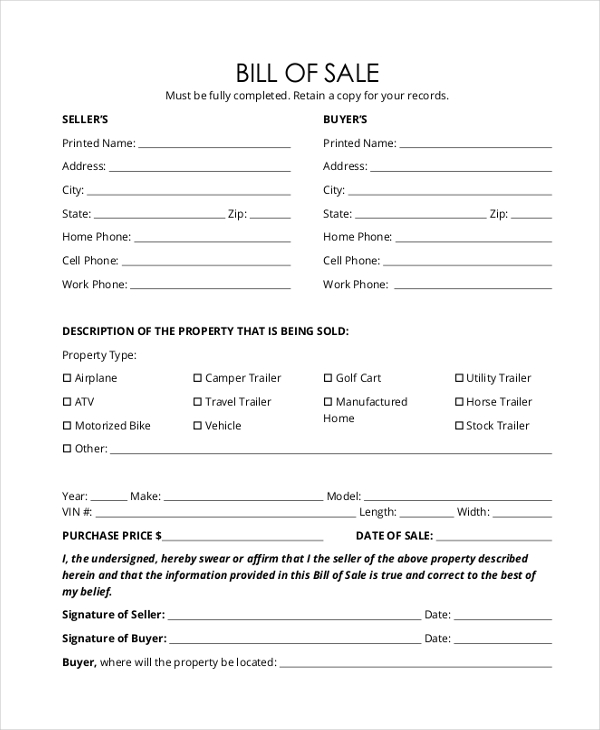 Free Printable Generic Bill Of Sale Form