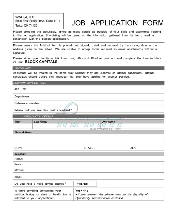 Printable Generic Application For Employment
