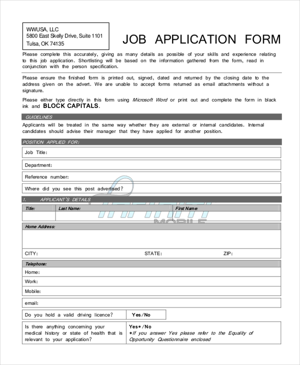 Free 10 Sample Generic Job Application Forms In Pdf Ms Word Excel 9870
