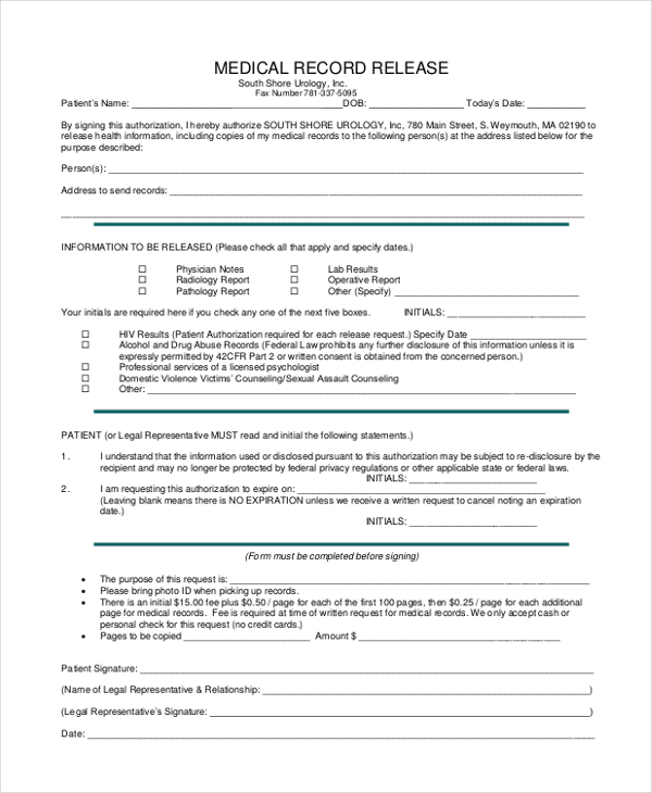 Printable Medical Records Release Form 9263