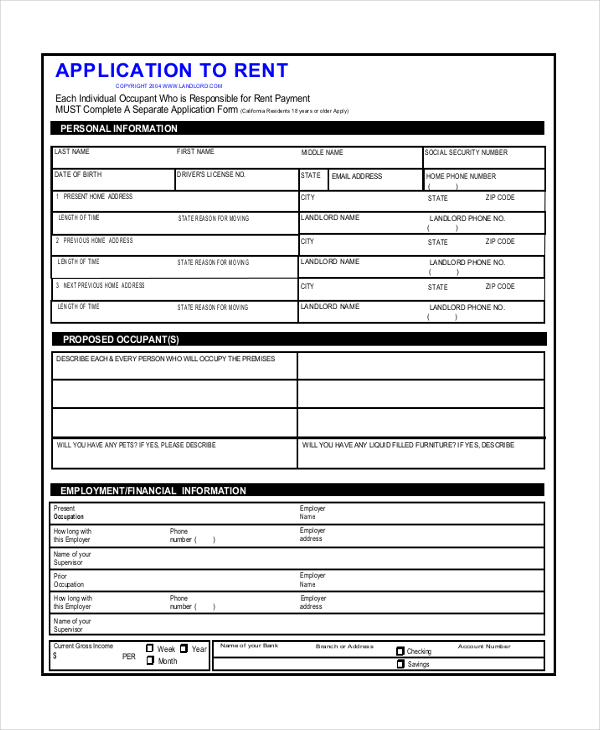 printable rental application form