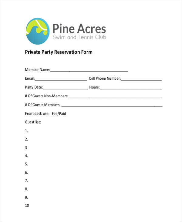 private party reservation form