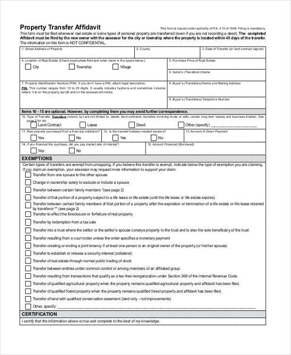 property transfer affidavit form
