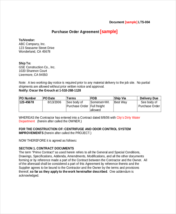 purchase order agreement form