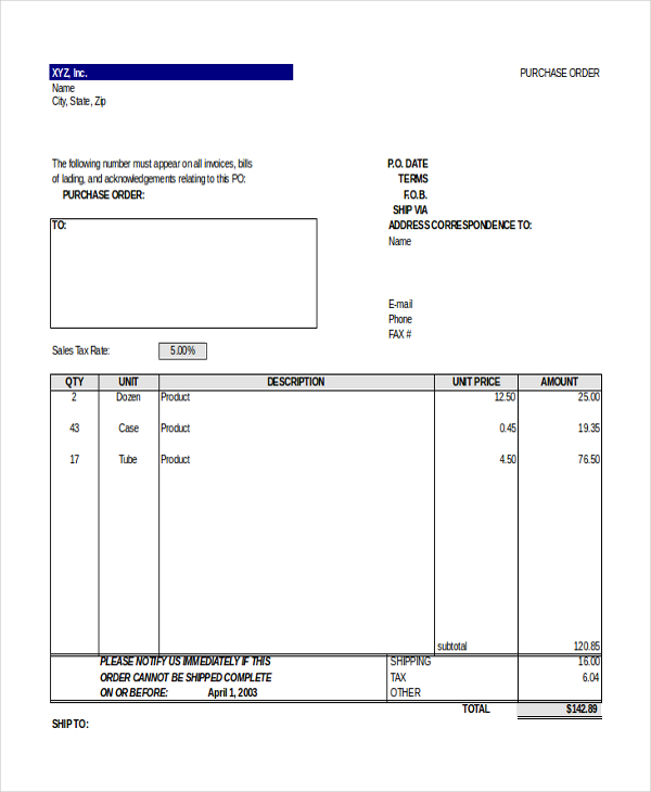 excel purchase order template