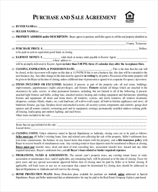 purchase and sale agreement form