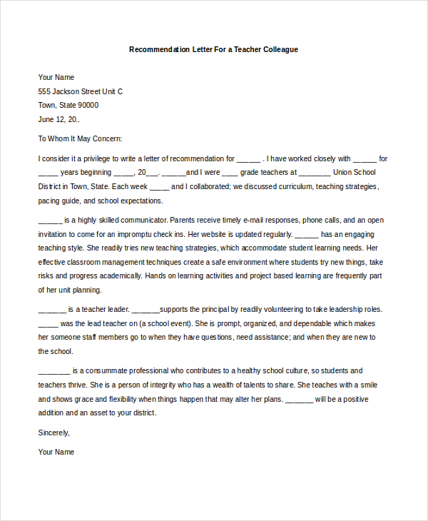 FREE 11+ Teacher Recommendation Letter Samples, PDF, MS Word, Google Docs