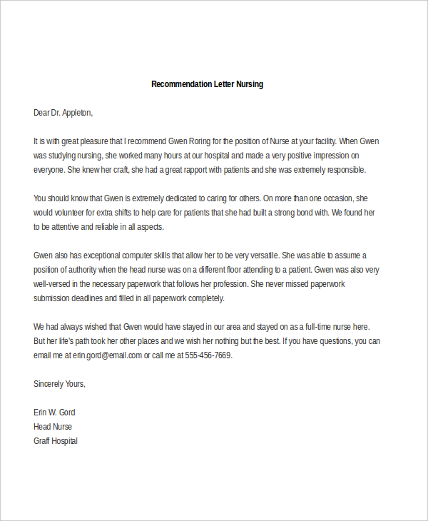 recommendation letter nursing