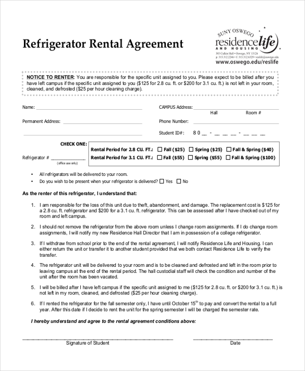 refrigerator rental agreement