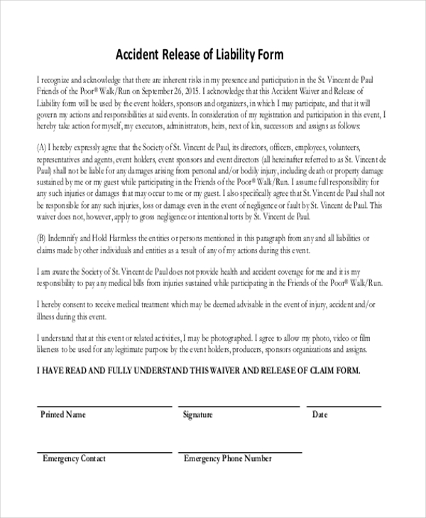 release of liability form car accident