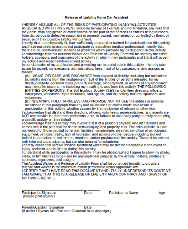 Free 9 Sample Liability Release Forms In Ms Word Pdf 1365