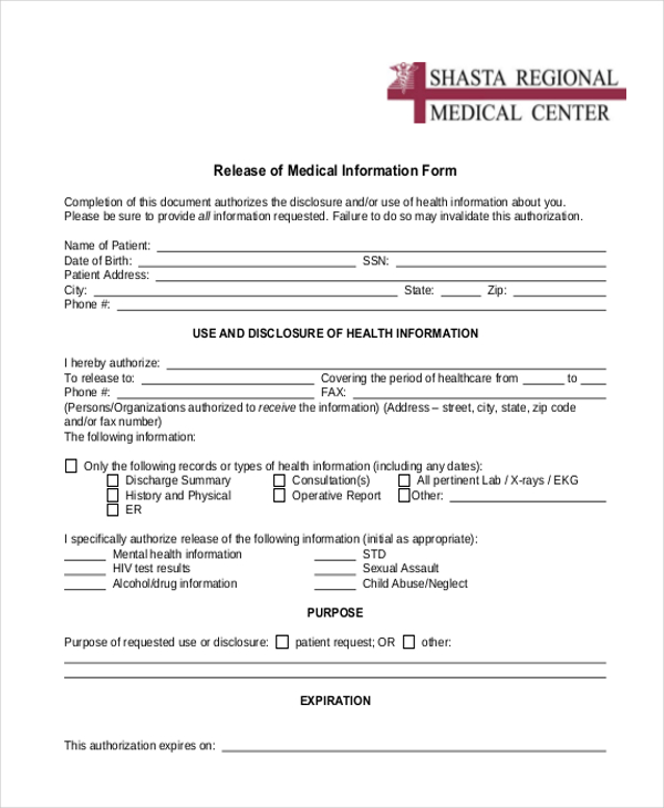 Consent To Release Medical Information Form