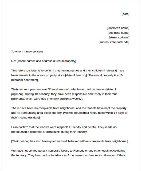 Sample Rental Reference Letter Character