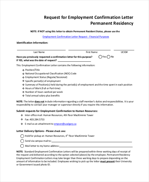 request for employment confirmation letter