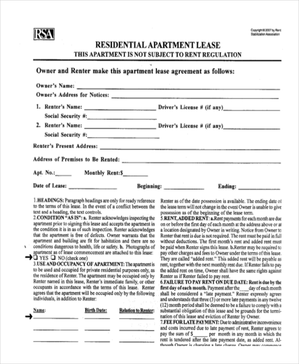 residential apartment lease form