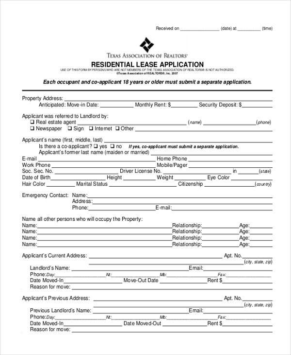 residential lease application form