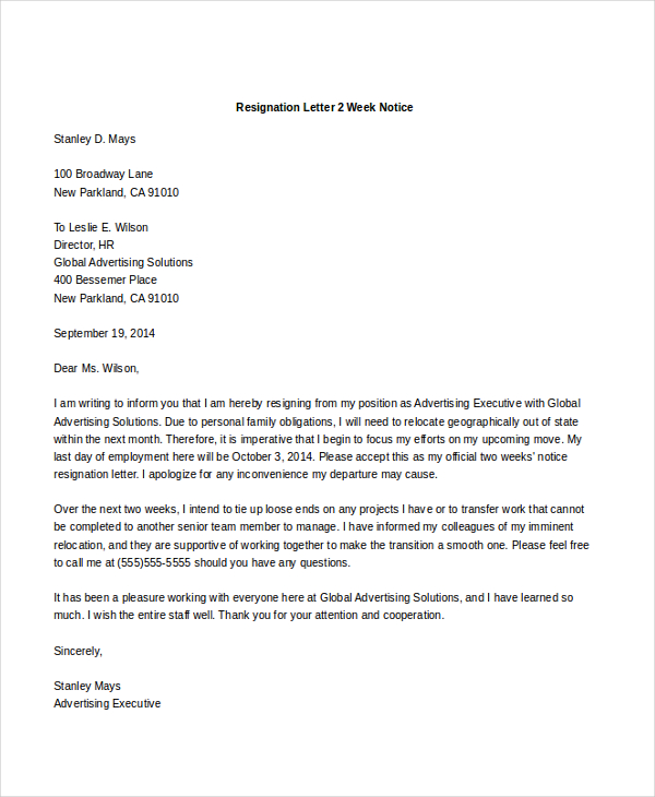 FREE 9 Sample 2 Week Notice Letters In MS Word PDF