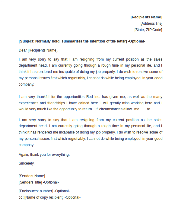 resignation letter examples personal reasons