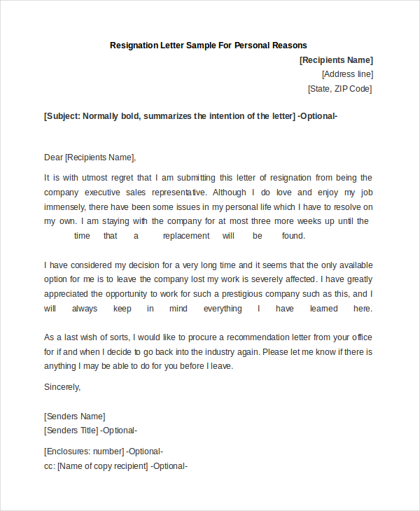 resignation letter sample for personal reasons