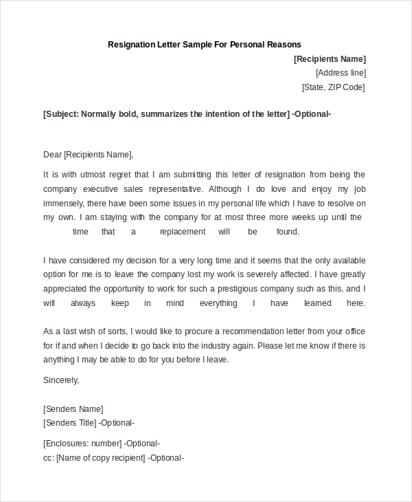 Sample Resignation Letter Due To Personal Reasons Collection Letter