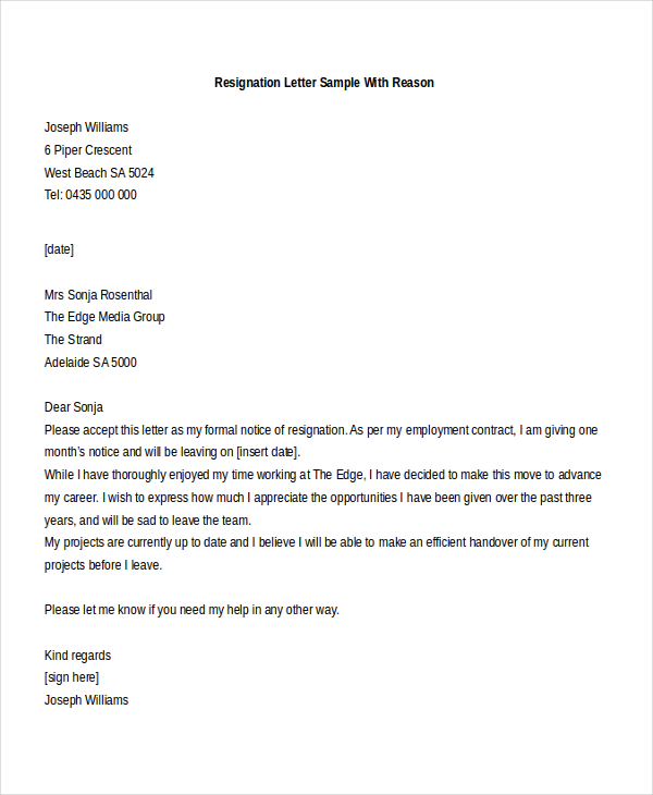 sample reason resign Resignation FREE 8 Samples  Letter