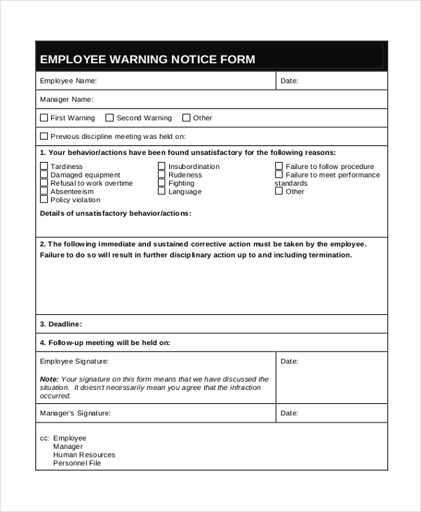 restaurant employee warning notice form