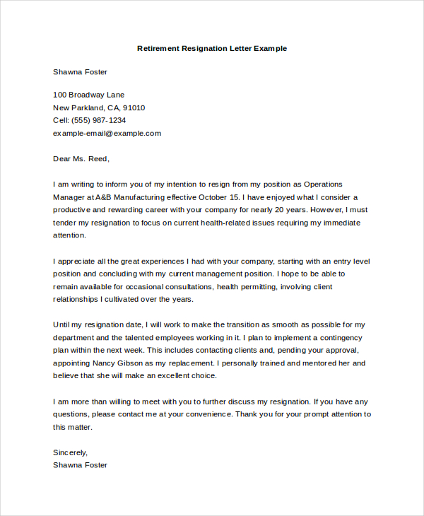 Sample Letter Of Resignation Due To Retirement from images.sampleforms.com