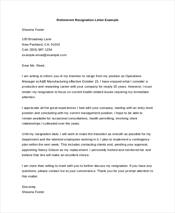 Sample Retirement Resignation Letter To Employer