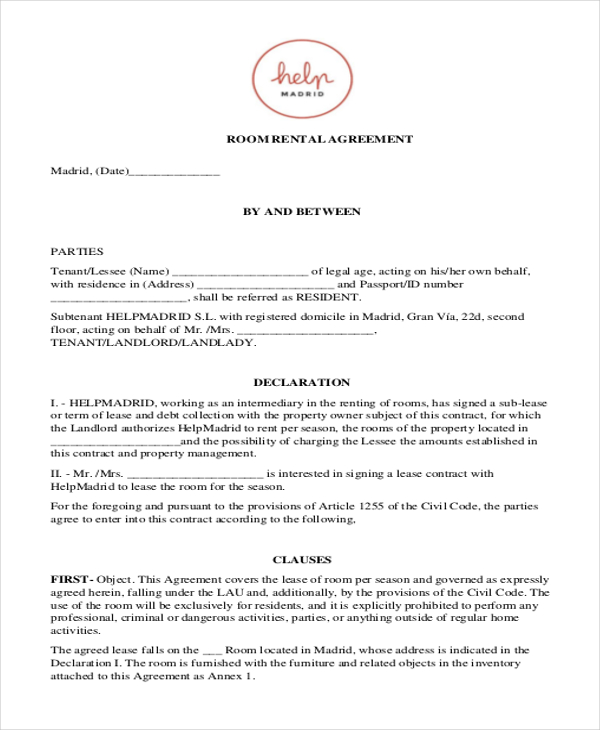 FREE 10+ Sample Room Rental Agreement Forms in PDF MS Word