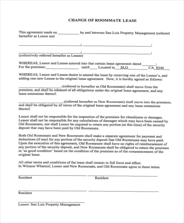 roommate change lease agreement