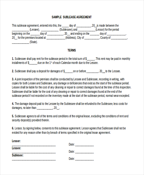 Free 11 Sample Sublease Agreement Forms In Pdf Ms Word