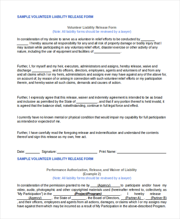 sample volunteer liability release form