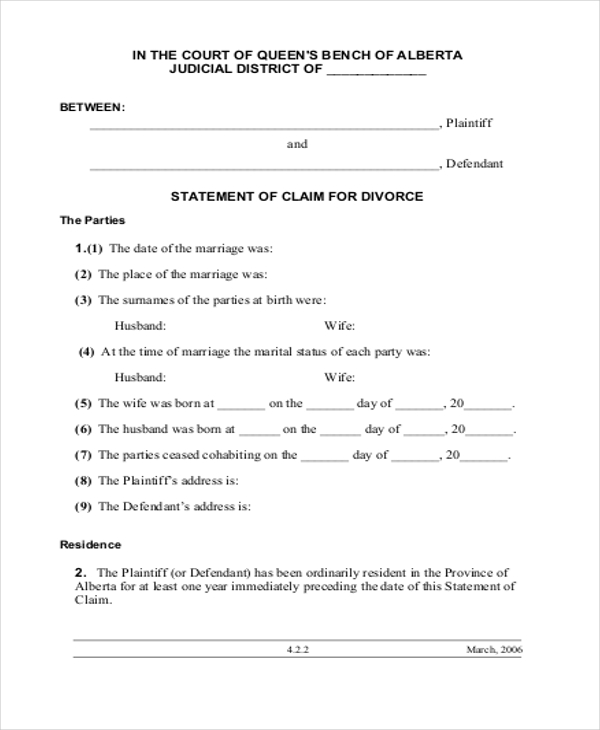 statement of claim for divorce