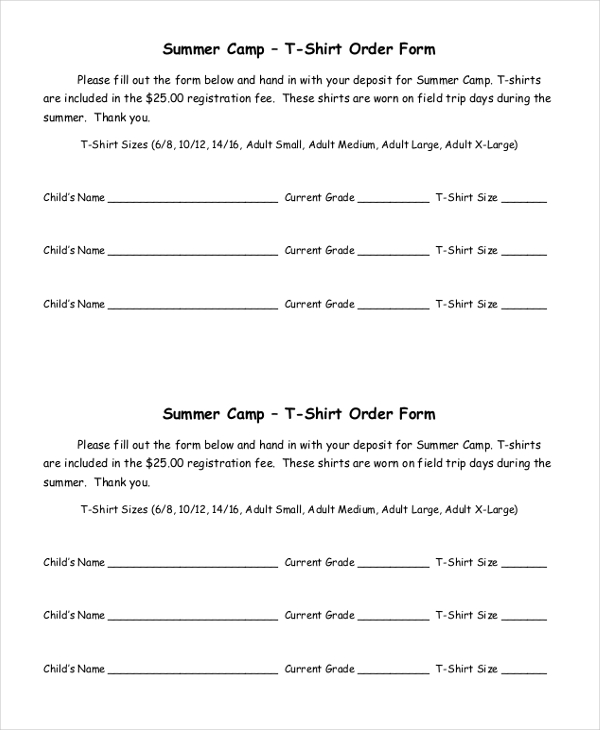 summer day camp t shirt order form