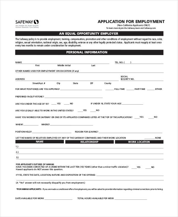 Simple Safeway Application Form