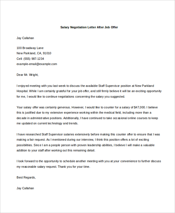 salary negotiation letter after job offer