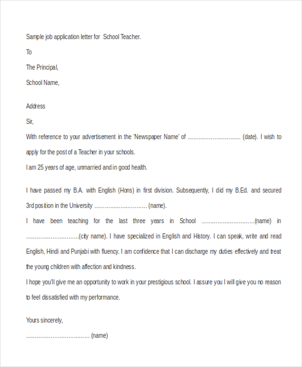 sample application letter for school teacher job