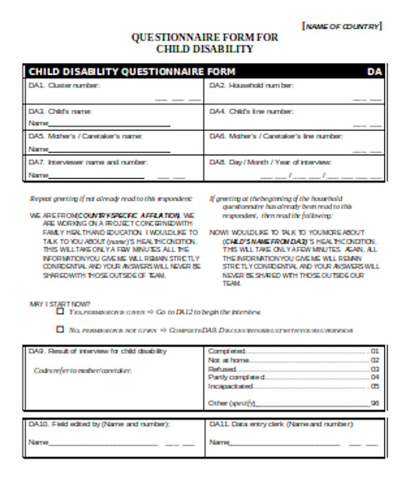 sample child disability questionnaire form