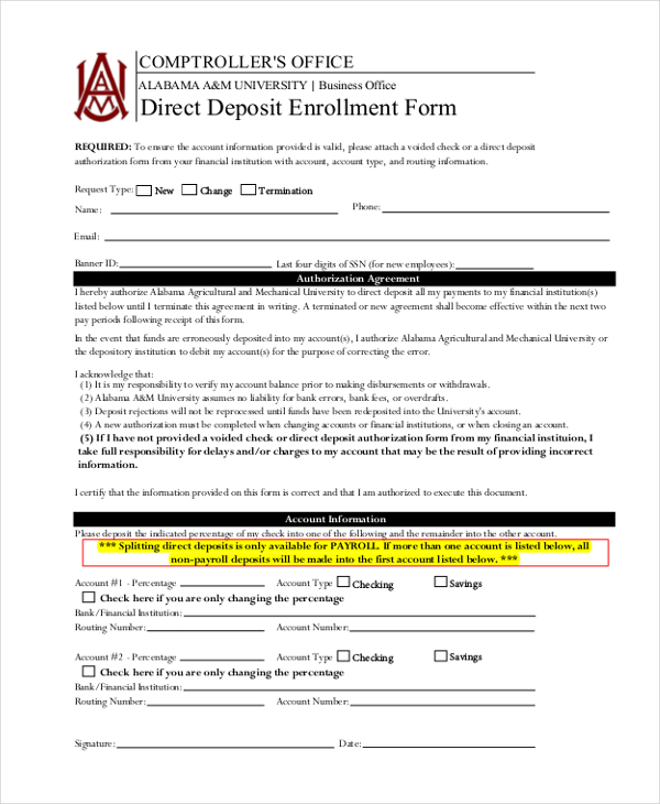 Free 12 Direct Deposit Form Samples In Pdf Ms Word Excel 7943