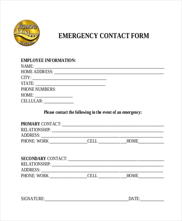 FREE 12  Sample Emergency Contact Forms in PDF MS Word Excel