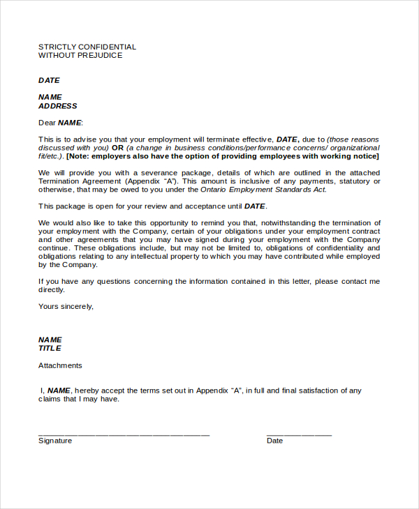 sample employee termination letter